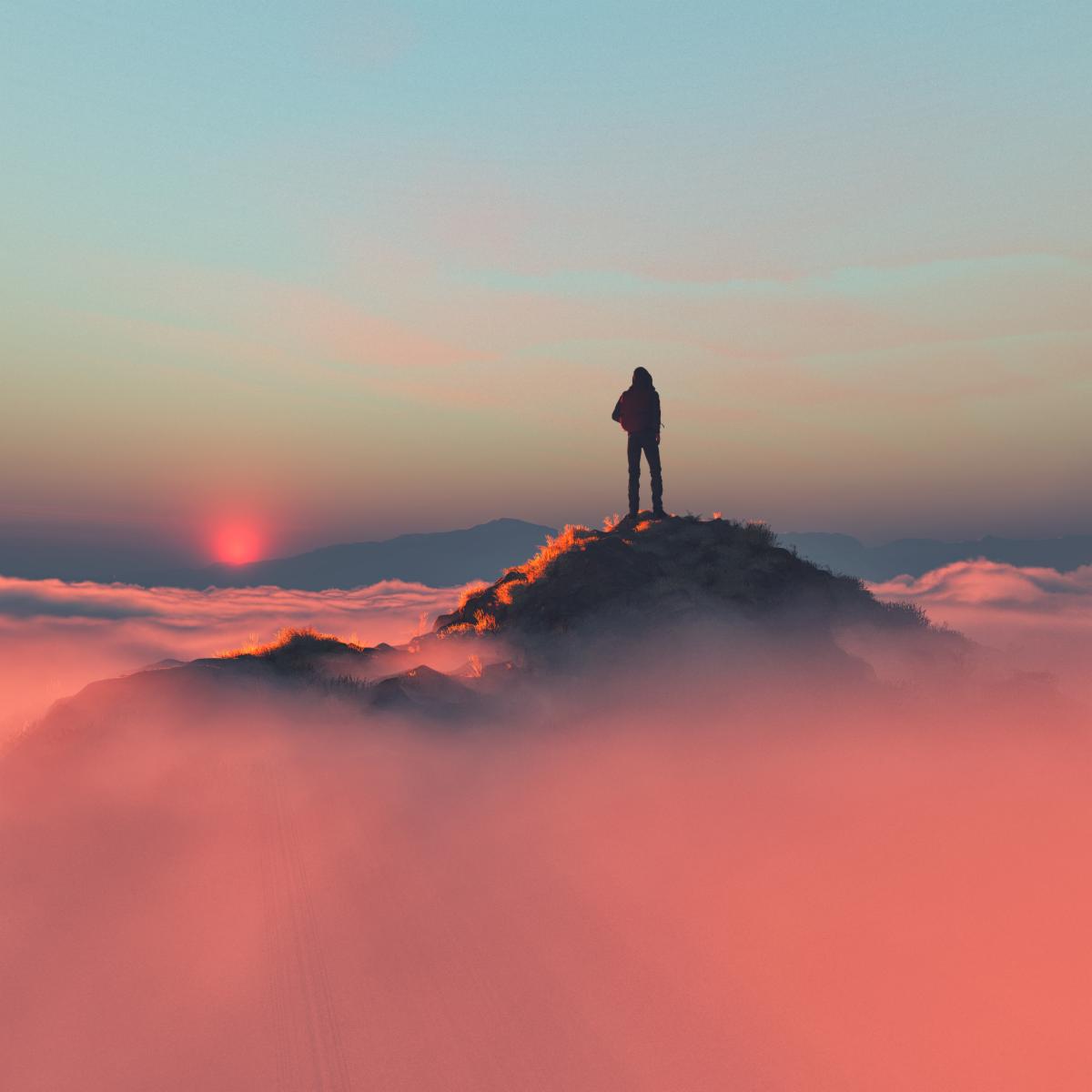 Hiker on the mountain over the clouds. This is a 3d render illustrationn
