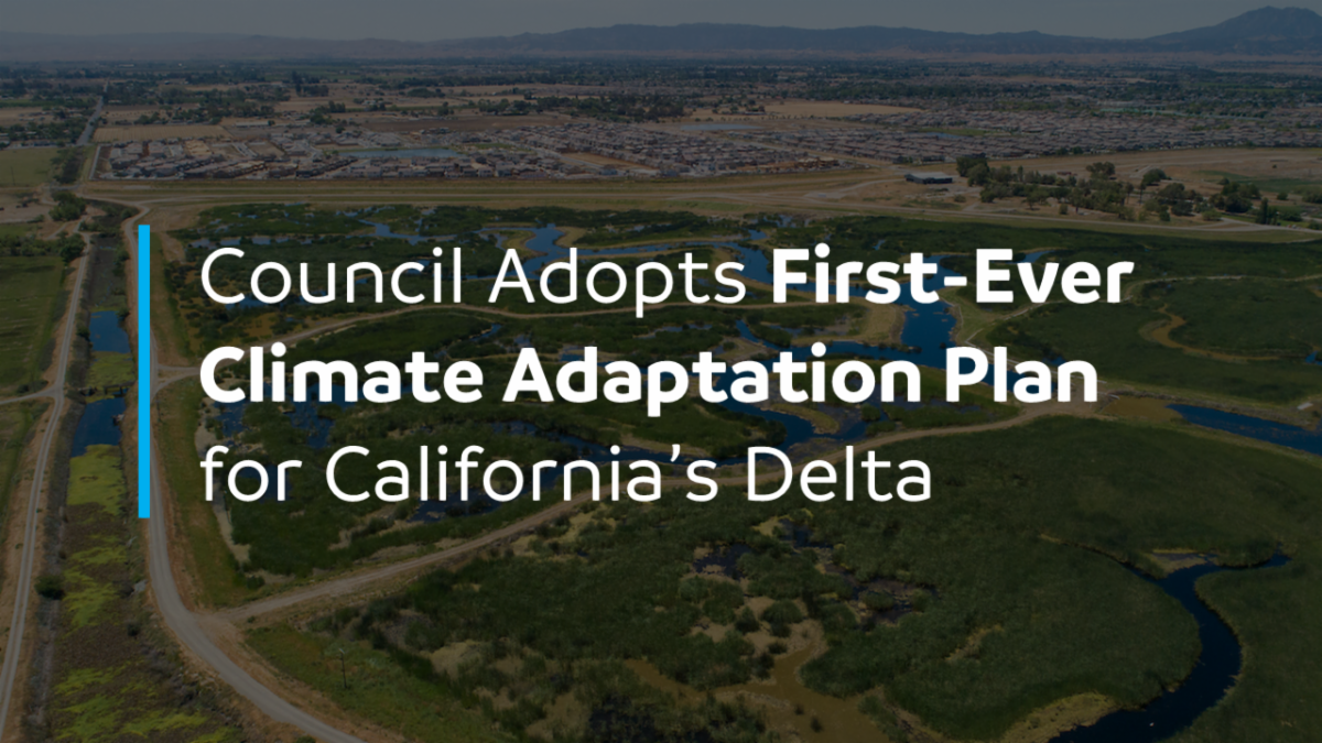 Graphic that reads "Council Adopts First-Ever Climate Adaptation Plan for California's Delta"