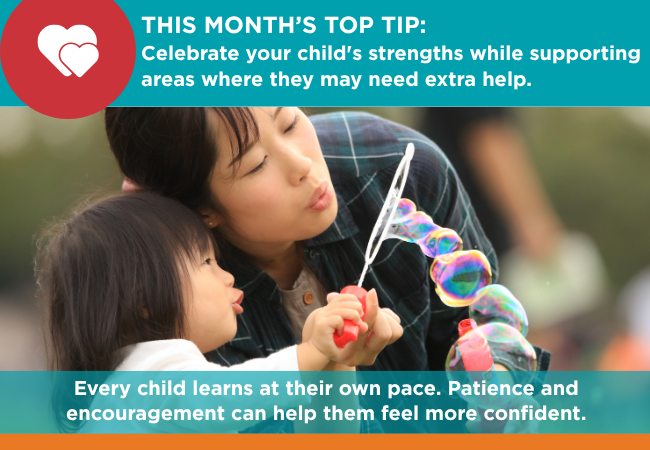 Photo of mother and child blowing bubbles with text that says THIS MONTH’S TOP TIP: Celebrate your child's strengths while supporting areas where they may need extra help.