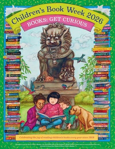 Graphic of Poster showing illustration of 3 children reading with piles of books to each side and the message "Books: Get Curious!"