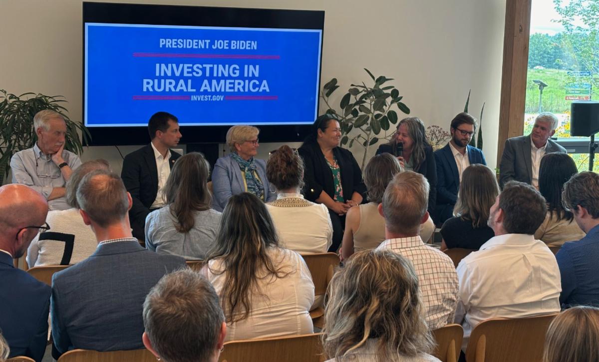 Investing in Rural America panel discussion participants with Pete Buttigieg, Angus King, Chellie Pingree and Daybreak co-owner Colleen Hanlon-Smith and many others.