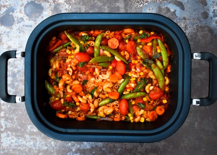 Vegetables and pasta in a slow cooker