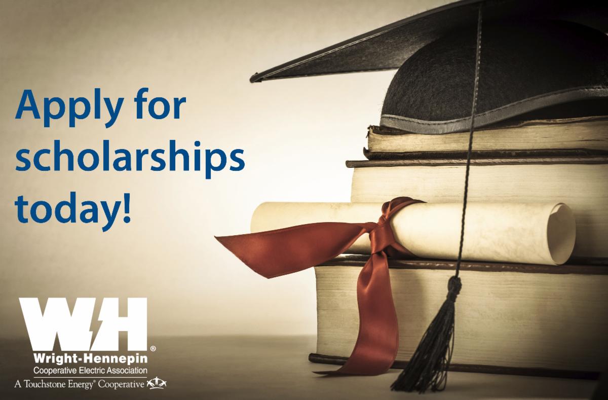 A pile of books with a graduation cap and blue text that says apply for scholarships today