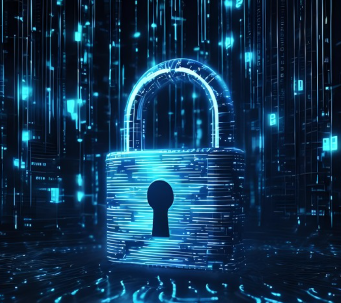 Blue neon 3D lock with binary code swirling around it