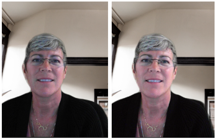Before and after photo showing the "Adjust brightness" option in Microsoft Teams.