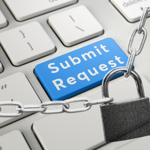 Computer keyboard with chain and lock over it, showing a blue Submit Request key