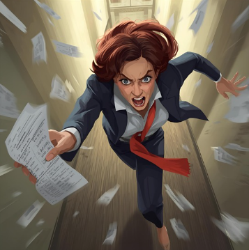 Frantic career woman in a blue suit with a red scarf chasing and grabbing a receipt surrounding by a multitude of receipts