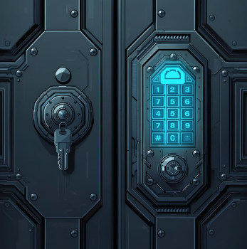 Dark metal blue door with two locks pictured one with key lock and one with a keypad
