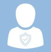 Light blue background with a white people icon on top with a light blue cybersecurity shield on top of the person's body
