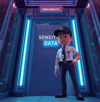 Security guard standing in front of a door labeled Sensitive Data to represent role based access control