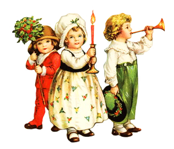 Vintage drawing of 3 small Victorian children holding greenery a lit candle and a musical horn 