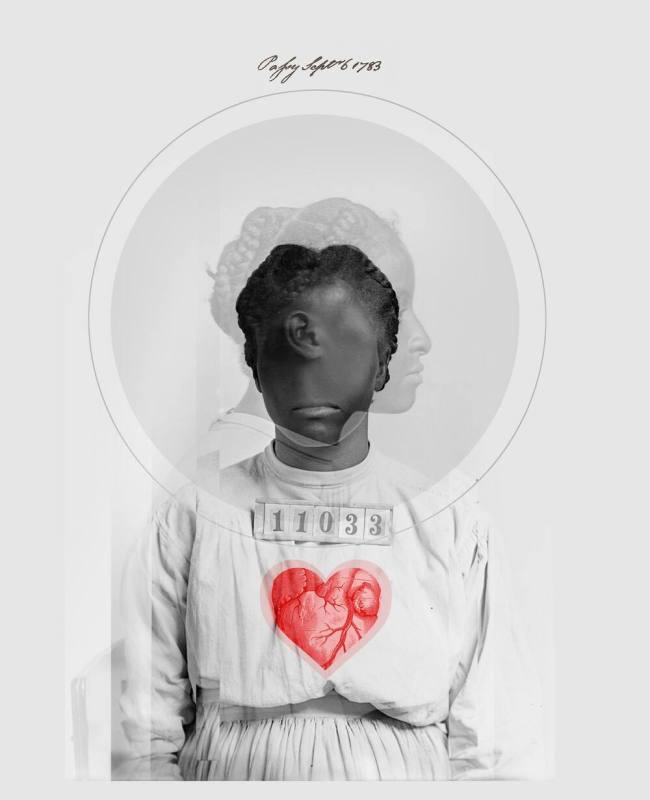 layered images of a person looking forward and to the side. Person has braided hair. Image in grayscale except for a red heart on the persons chest. 