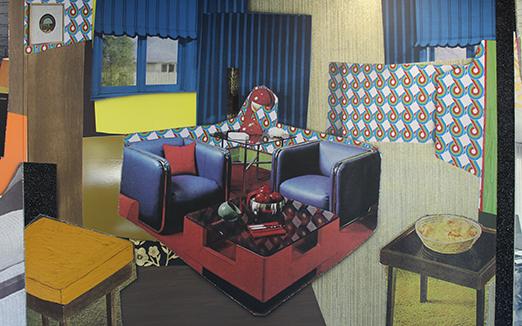 Section of a colorful collage featuring furniture in a decorated living room inspired by the 1970s