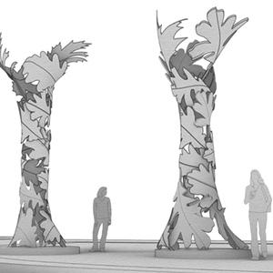 rendering of two metal tree sculptures