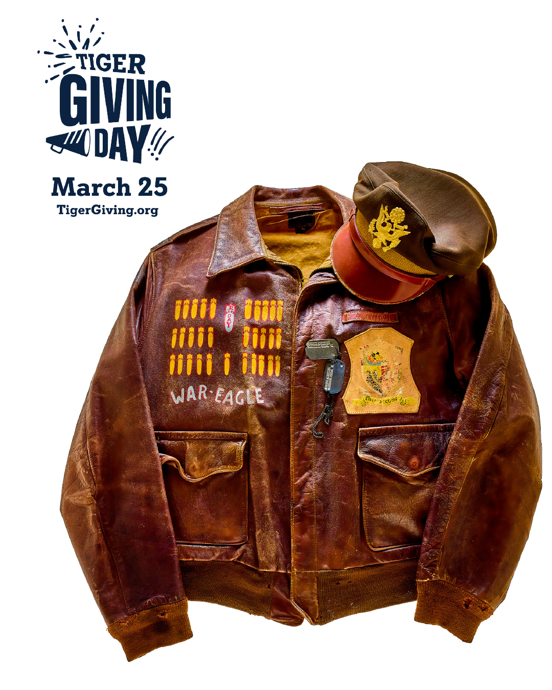 A photo of a bomber pilot jacket and cap that reads "war eagle" on the chest. In the corner, text reads "Tiger Giving Day, March 25, TigerGiving.org."