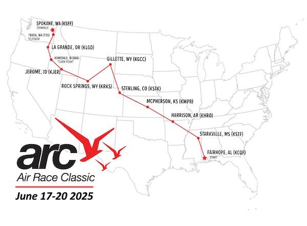 The Air Race Classic Map demonstrating the stops between Fairhope Alabama and Spokane Wa.