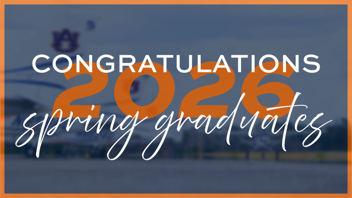 Graphic with a blurry background of Auburn planes. The text reads "Congratulations 2026 Spring Graduates"