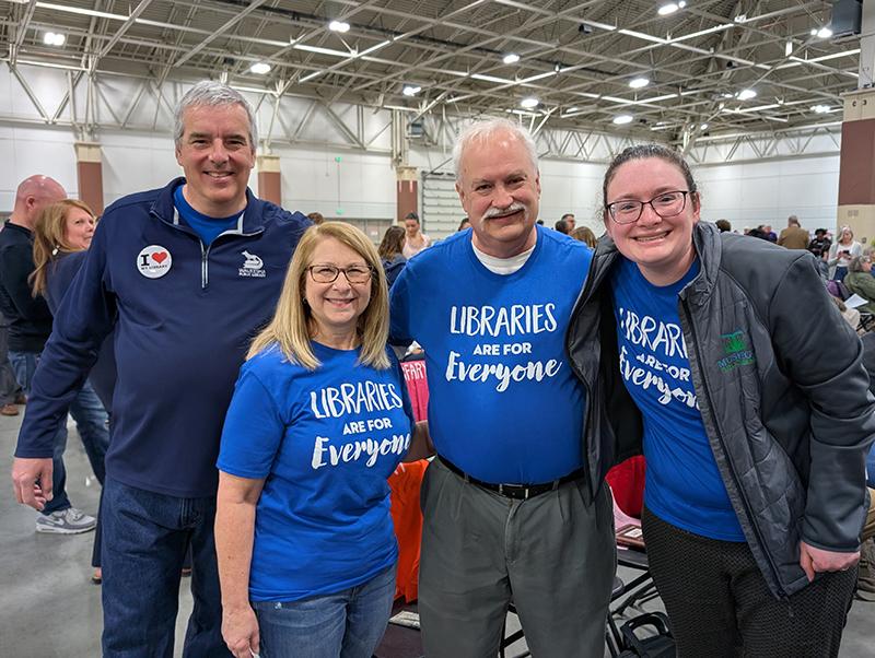 A group of three library directors and a library trustee at the Wisconsin Joint Finance Committee listening session at State Fair Park in West Allis on April 4, 2025.