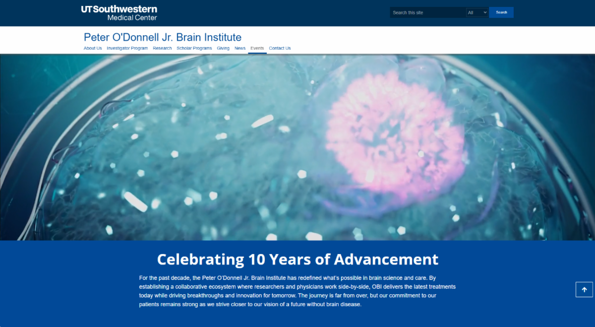 A screen capture of the OBI 10 Year Anniversary webpage with a stylized image of a brain