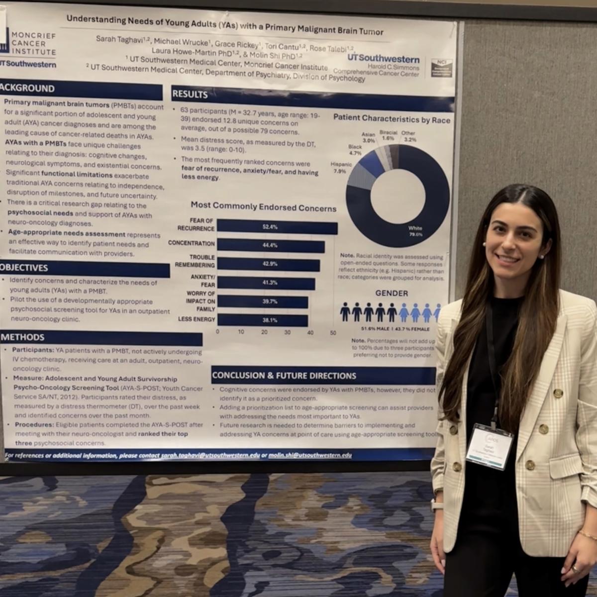 Clinical Psychology Doctoral Student Sarah Taghavi stands in front of her poster at a conference