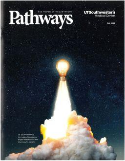 Cover image of Pathways magazine featuring a lightbulb being shot into space as if it were a rocket taking off.