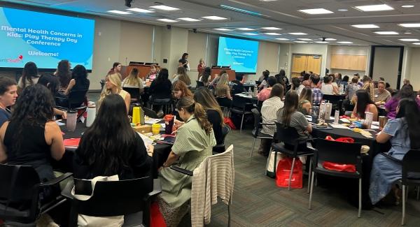 A large group of people enjoy a presentation at Play Therapy Day