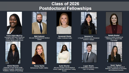 Head and shoulders photos of UTSW clinical Psychology program and a list of where they are going for postdoc fellowships