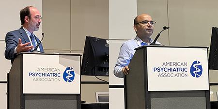 Dr. Josh Hubregsen and Dr. Manish Jha present at podiums during the APA annual meeting