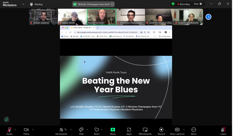 A screenshot  from a "Beat the New year Blues" webinar