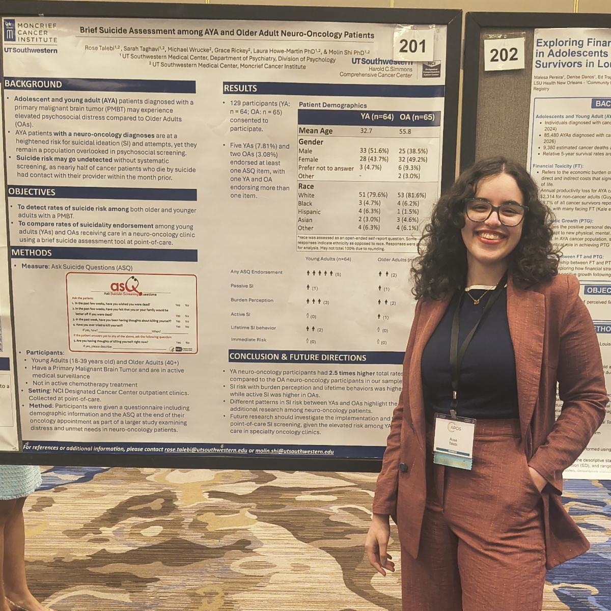 Clinical Psychology Doctoral Student Rose Talebi  stands in front of her poster at a conference