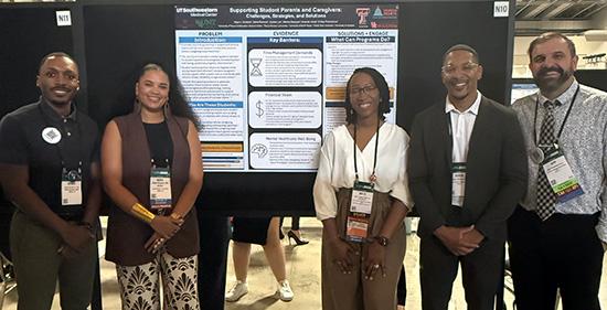 Five people stand beside an academic poster at the 2026 American Psychological Association Convention