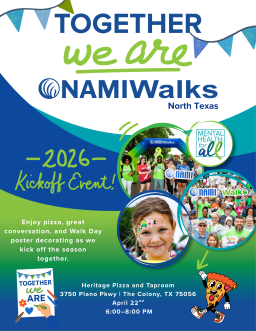 A poster outlining the date and time of a NAMIWalks North Texas kickoff party, That information is also in the accompanying text. 