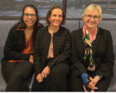 Exam Co-Chair Dr. Julie Bobholz, ABCN President Dr. Veronica Bordes Edgar (UTSW) and ABCN Executive Director Dr. Bernice Marcopulos sit on a couch/