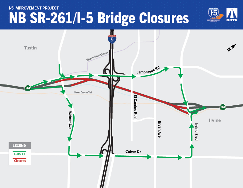 Image uses green arrows to outline an approved detour route for full road closures along SR-261 at I-5