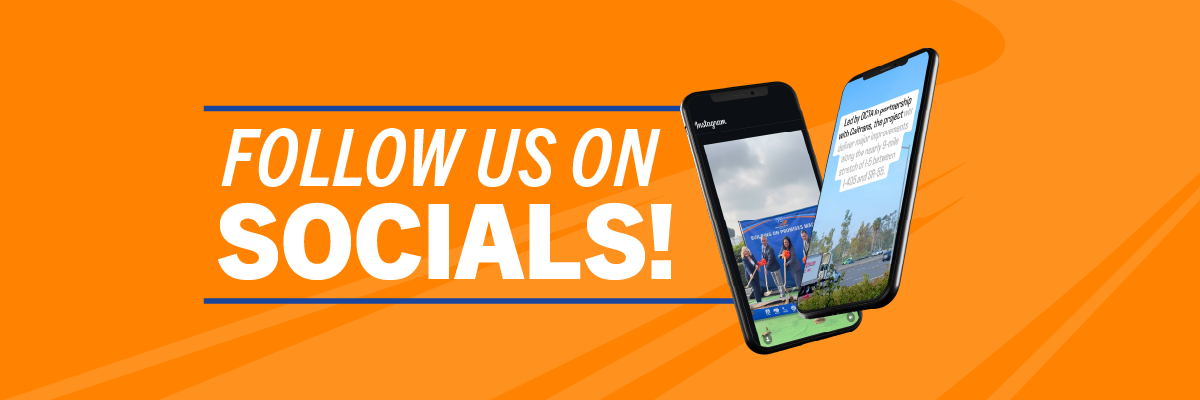 An illustration reads "Follow us on socials!" next to a cell phone on top of an orange background.