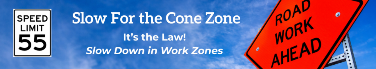 Photo of a blue sky shows the Speed Limit 55 sign. Text on top reads "Slow For the Cone Zone. It's the Law! Slow Down in Work Zones." A traffic sign reads "Road Work Ahead".