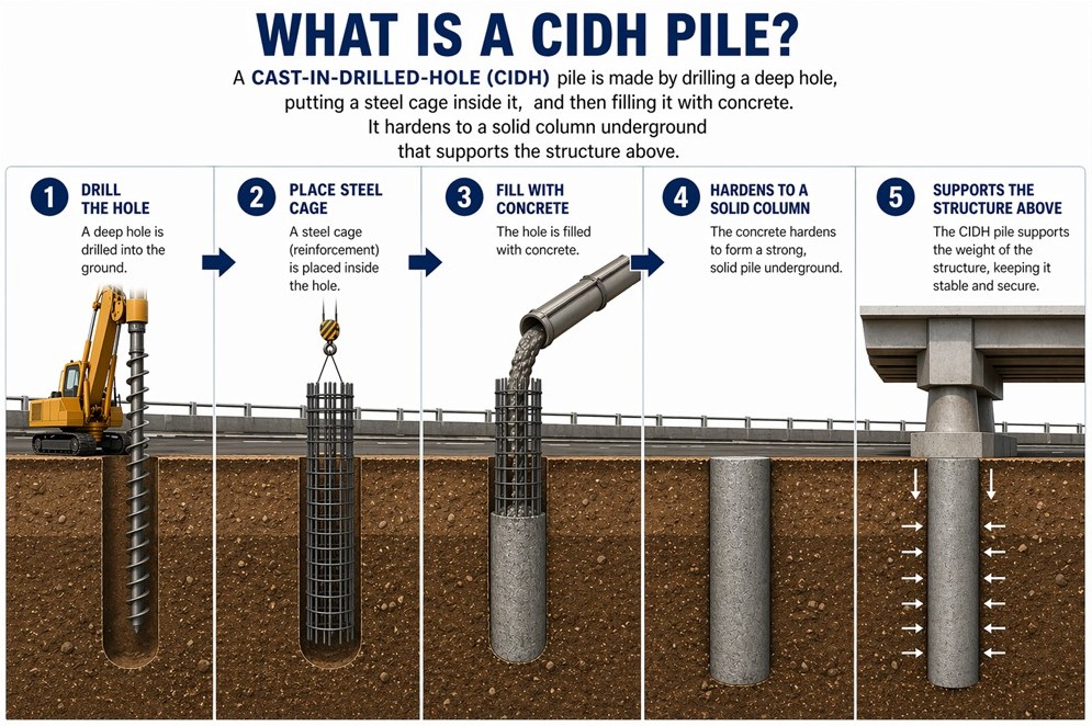 Image is of an infographic that demonstrates what cast-in-drilled-hole construction activity looks like