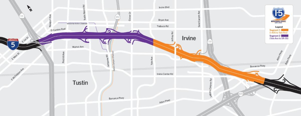 A horizontal map of the I-5 Improvement Project in Irvine and Tustin. Click the map to view it as a PDF.