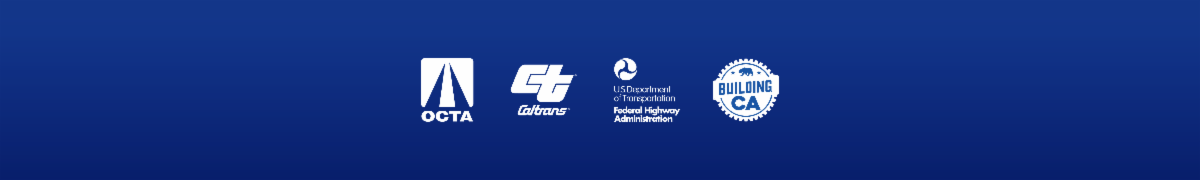 A footer image displays OCTA, Caltrans, US Department of Transportation and Building CA logos in a horizontal row..