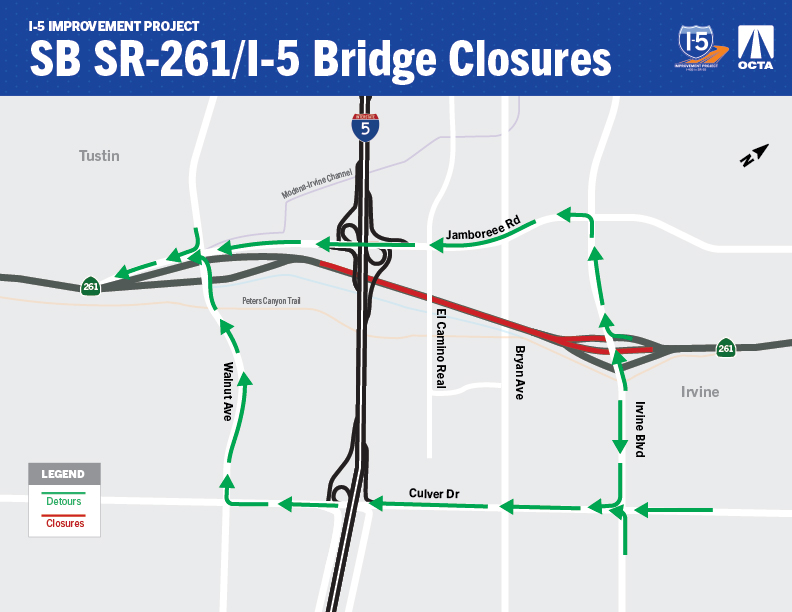 Image uses green arrows to outline an approved detour route for full road closures along SR-261 at I-5