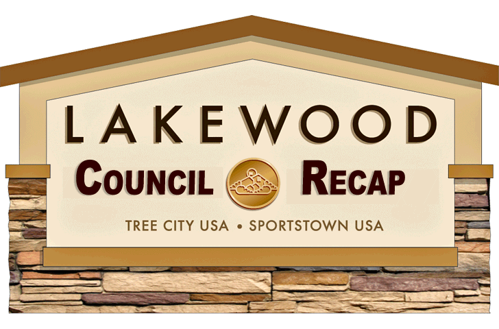Lakewood monument sign with text Council Recap