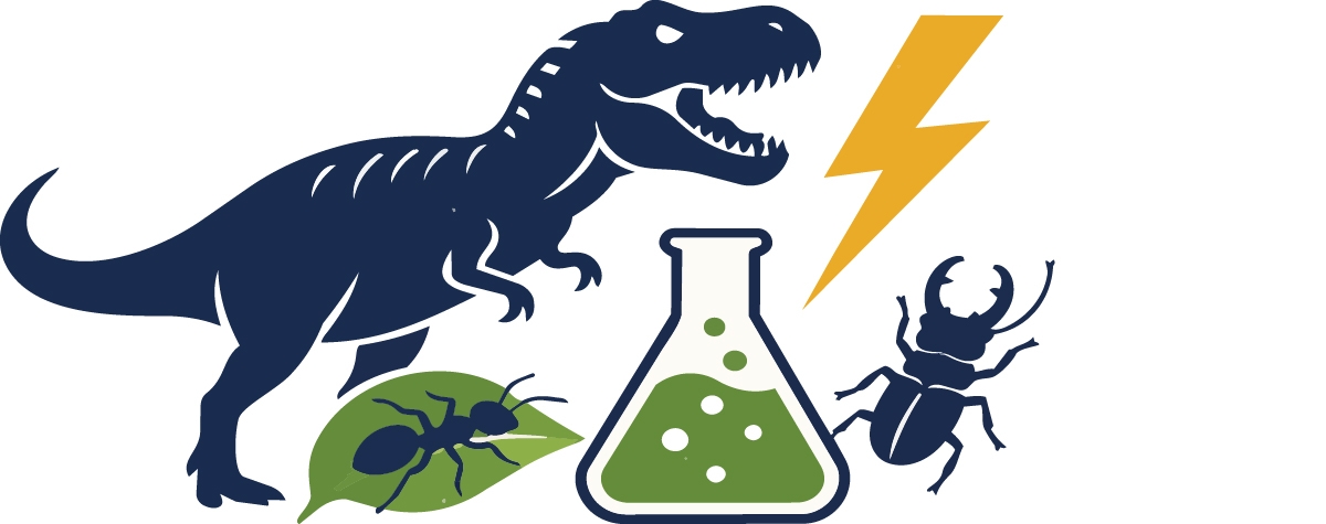 Graphic illustration of a dinosaur, bug, and lightning bolt