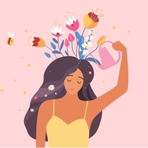 women watering flowers on her head 