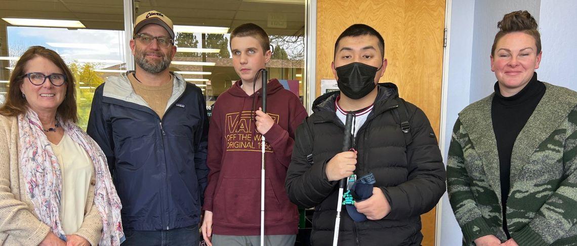 Students from the California School for the blind pictured with their teacher and  two city of fremont staff 