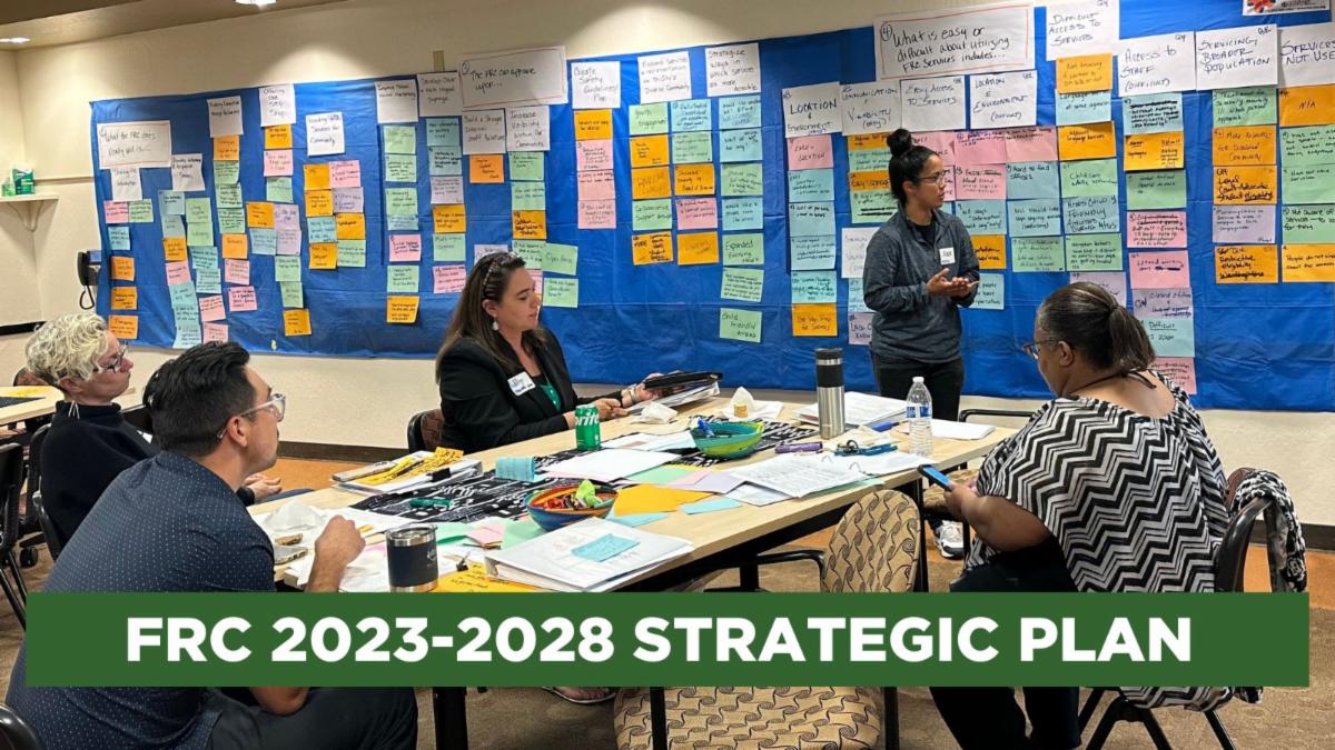 Photo of staff in strategic planning meeting with banner that reads FRC 2023-2028 Strategic plan