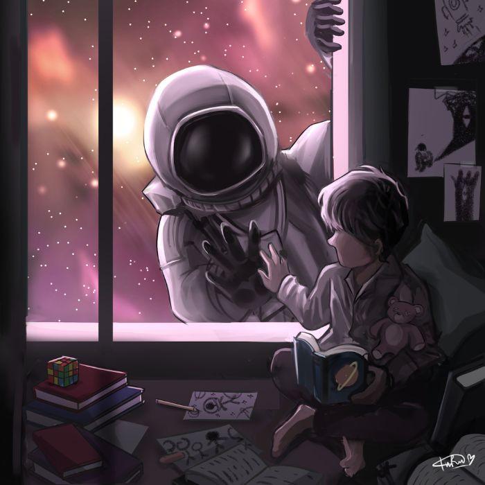 painting of a teen in their room looking out the window at an astronaut their hands are touching through the glass