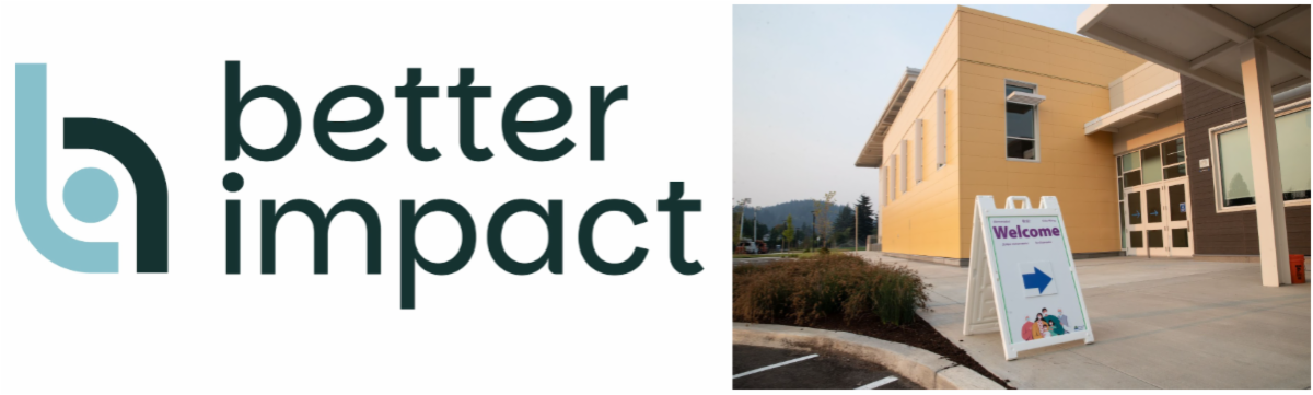 Better Impact logo adjacent to a photo of a sandwich board welcoming guests to an emergency shelter.