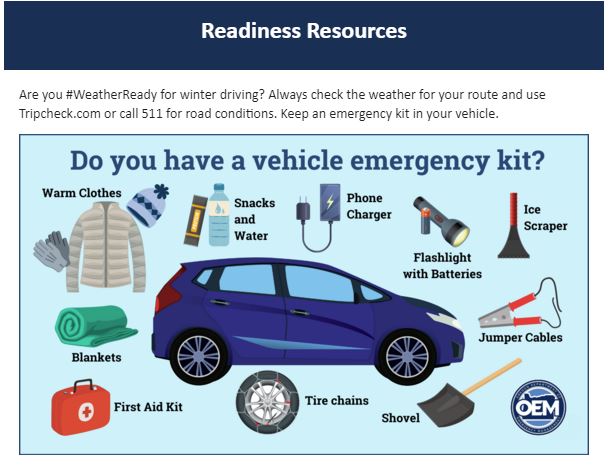Image explaining an emergency readiness kit for a vehicle, including tire chains, a shovel and first aid kit.