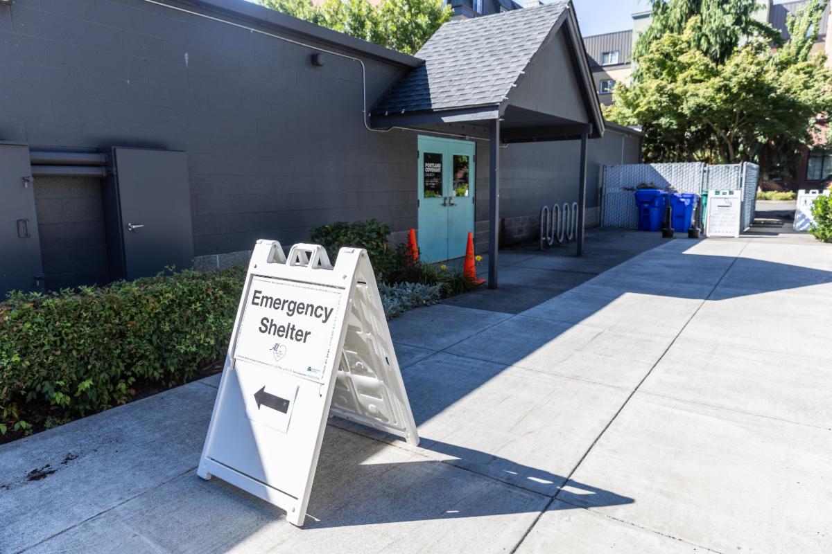 A sign sits outside Portland Covenant Church listing that a cooling center is inside.