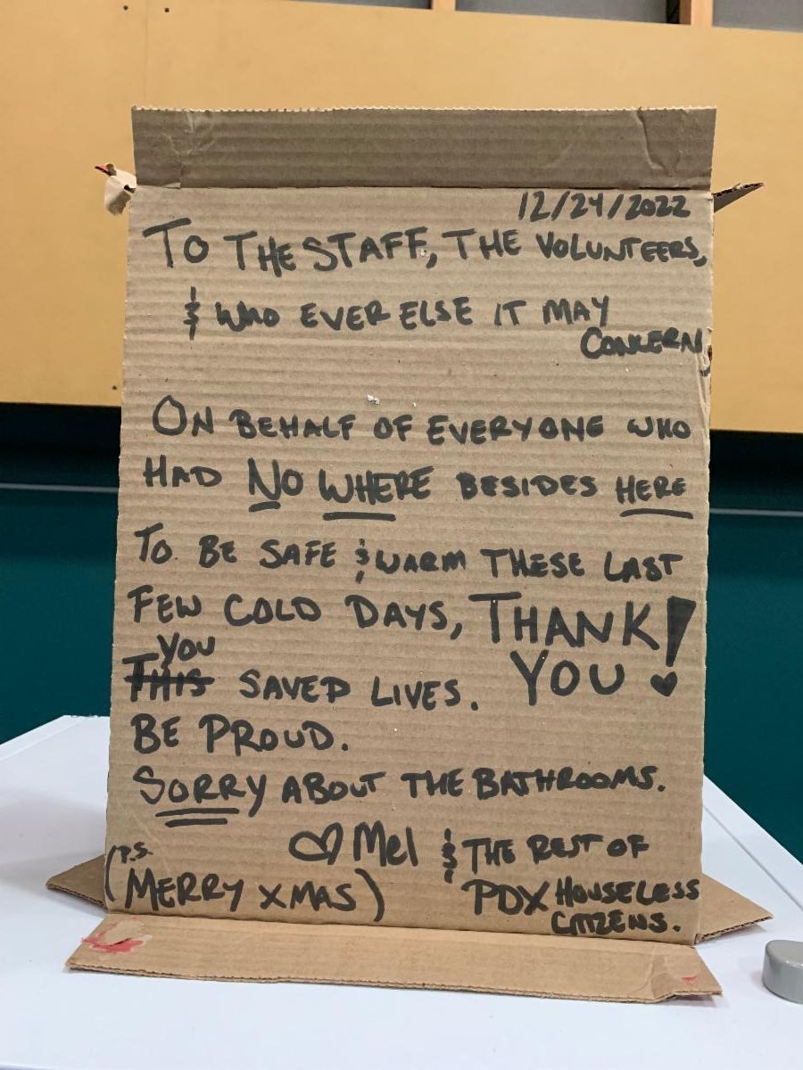 A shelter guest left a thank you note to shelter staff and volunteers